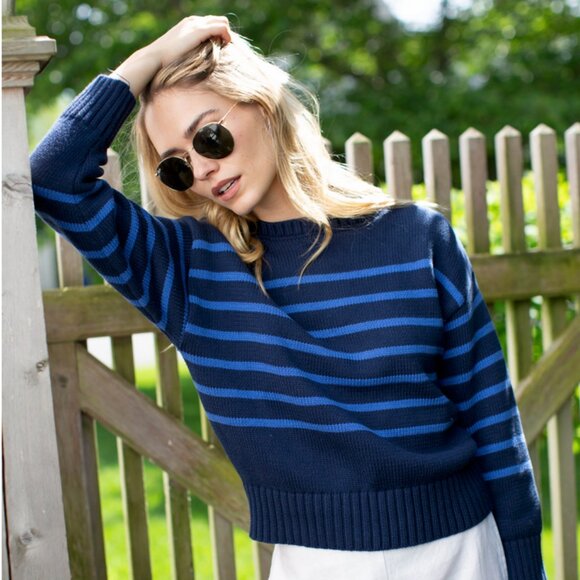 NWT Marea by Liz Joy Lake Sweater - Navy/Tidal Blue Stripe Size Medium - Picture 2 of 8